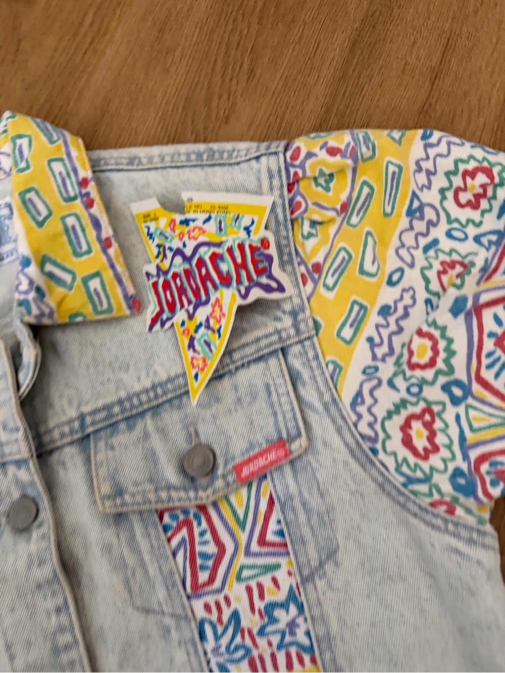 Jordache Light Wash Denim Crop Jacket with Yellow, Pink, Green & Blue Print - Picture 14 of 16